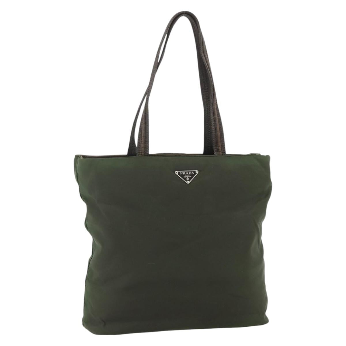 PRADA Tote Bag Nylon Khaki Silver Auth bs34647
