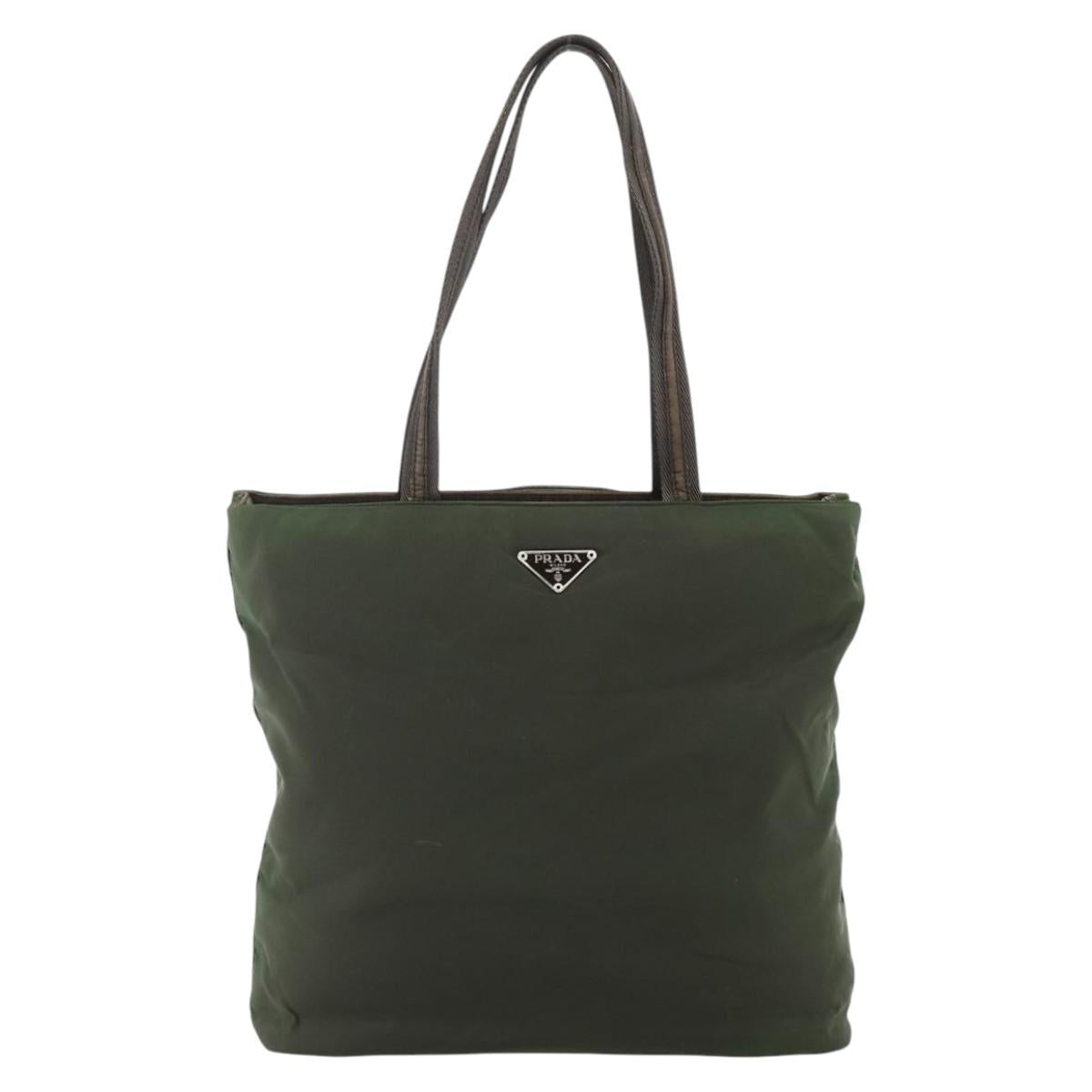 PRADA Tote Bag Nylon Khaki Silver Auth bs34647