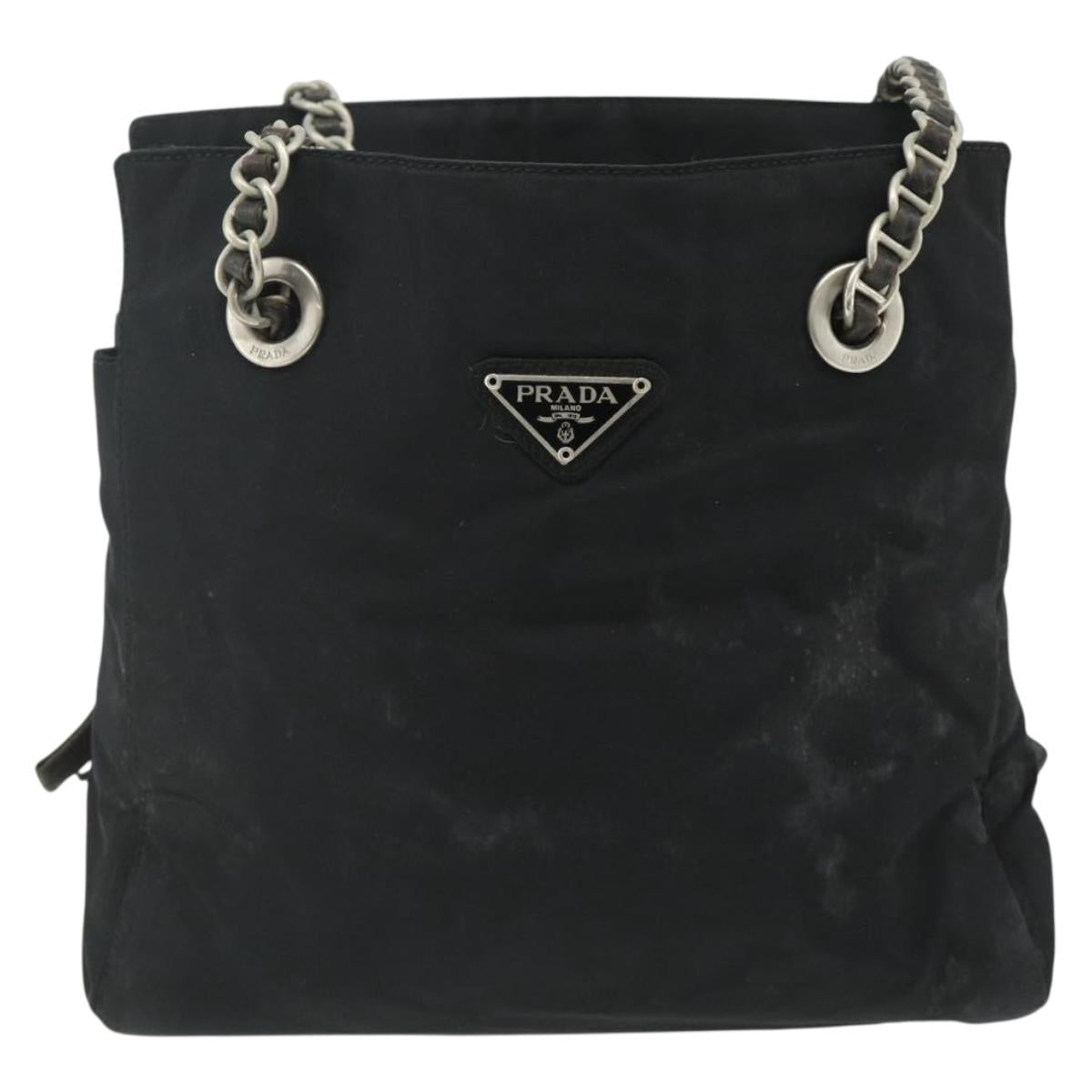 PRADA Chain Tote Bag Nylon Black Silver Auth bs34649