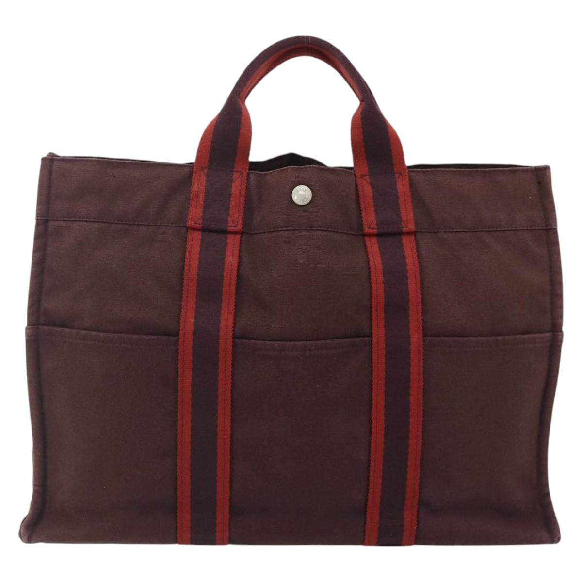 HERMES Fourre Tout MM Hand Bag Cotton Bordeaux Silver Auth bs34654