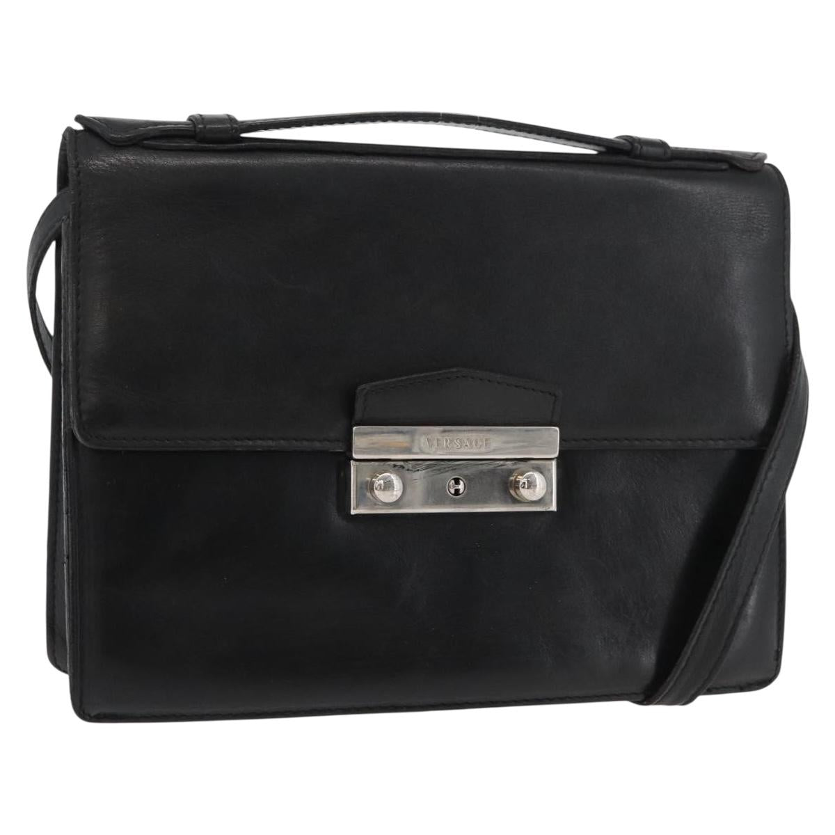 VERSACE Shoulder Bag Leather Black Silver Auth bs34660