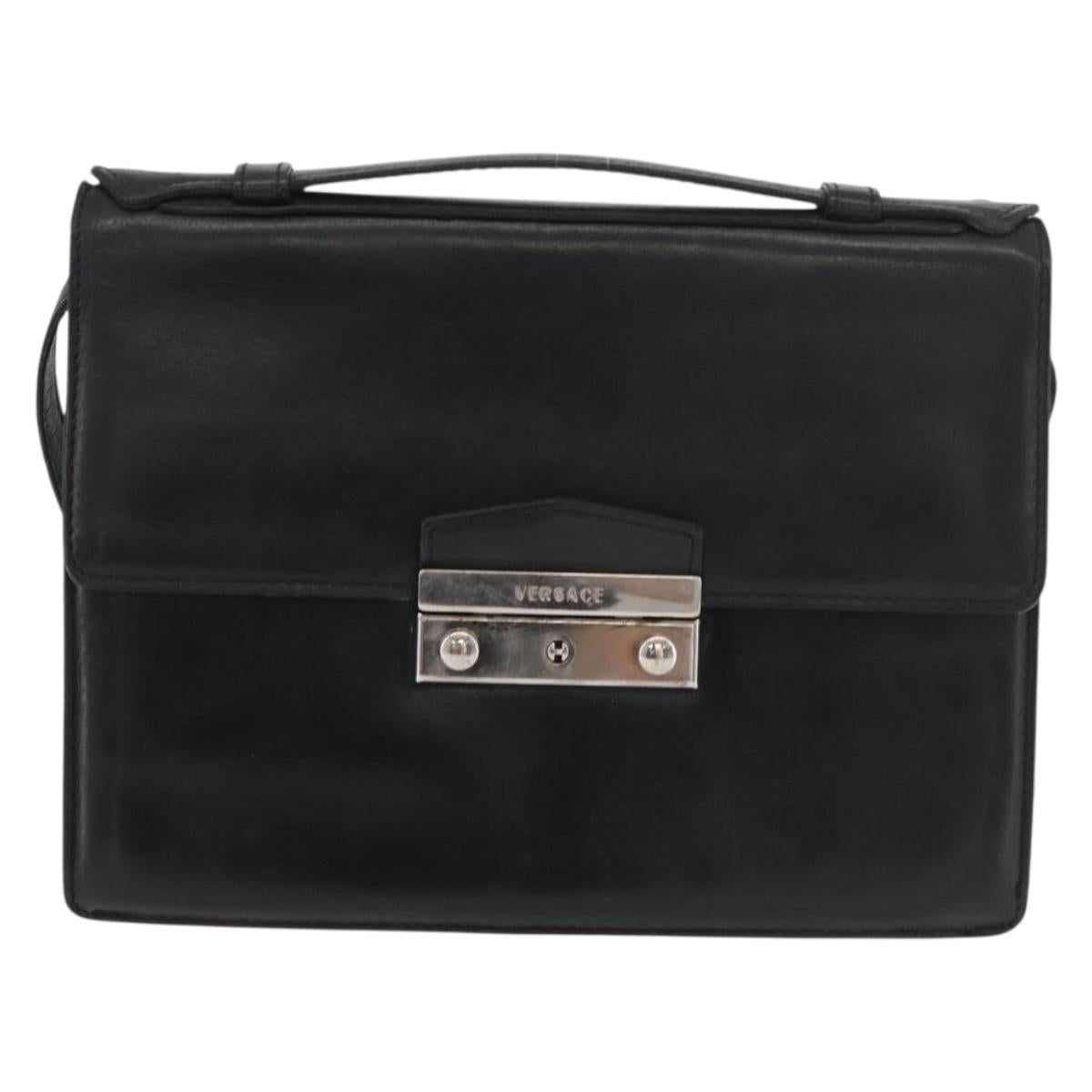 VERSACE Shoulder Bag Leather Black Silver Auth bs34660
