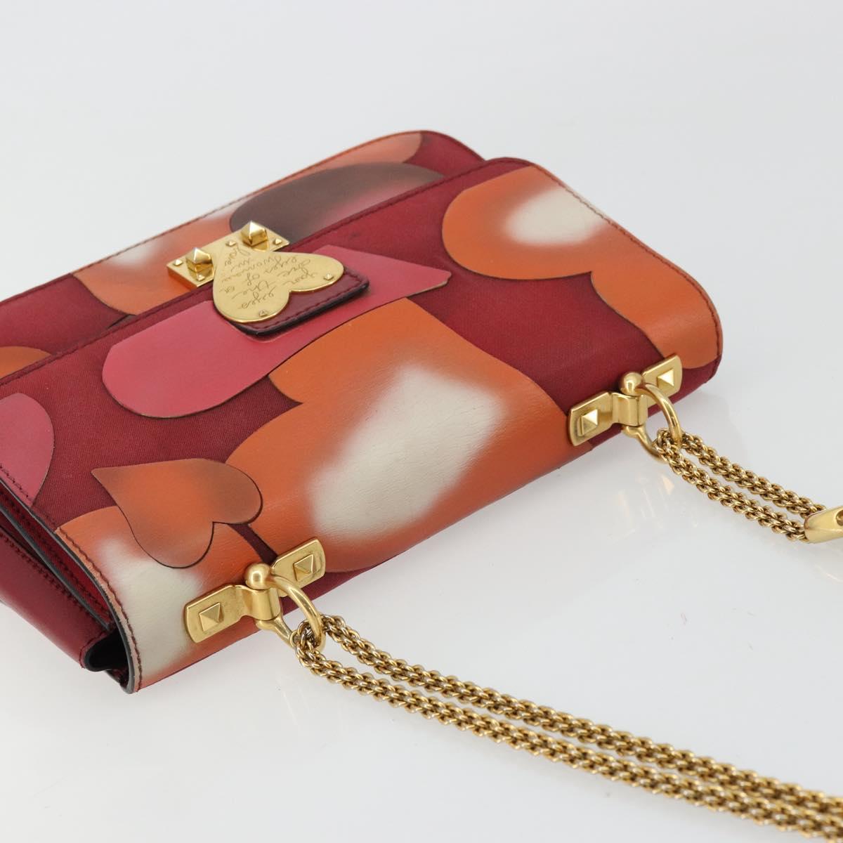 VALENTINO Chain Shoulder Bag Leather Red Gold Auth bs34661A