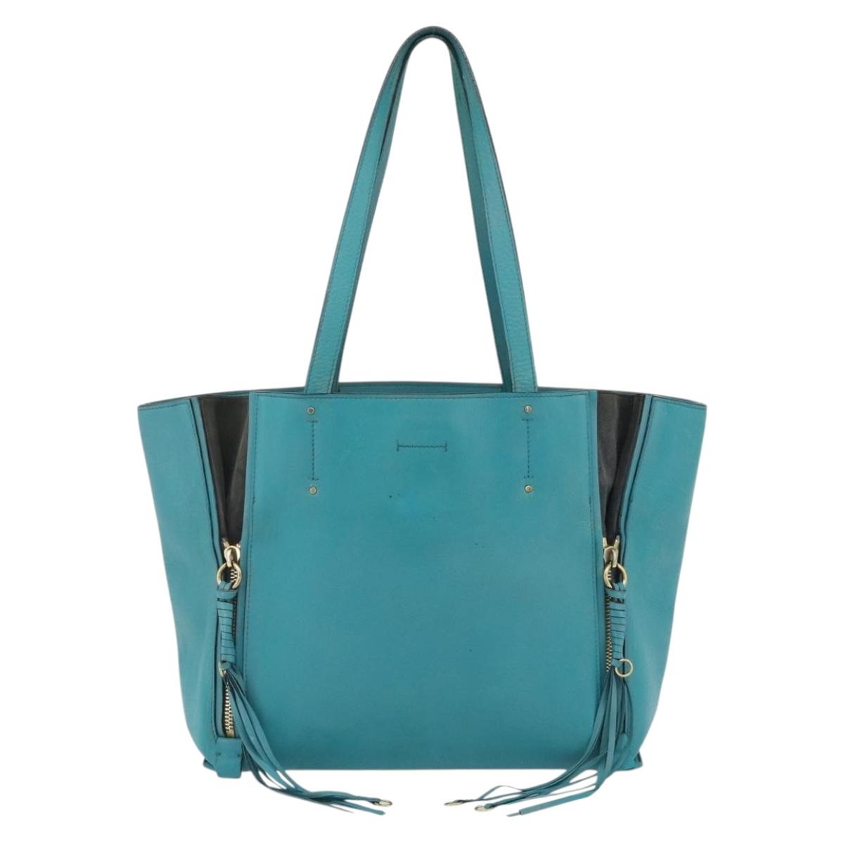 Chloe Tote Bag Leather Turquoise Blue Gold Auth bs34667