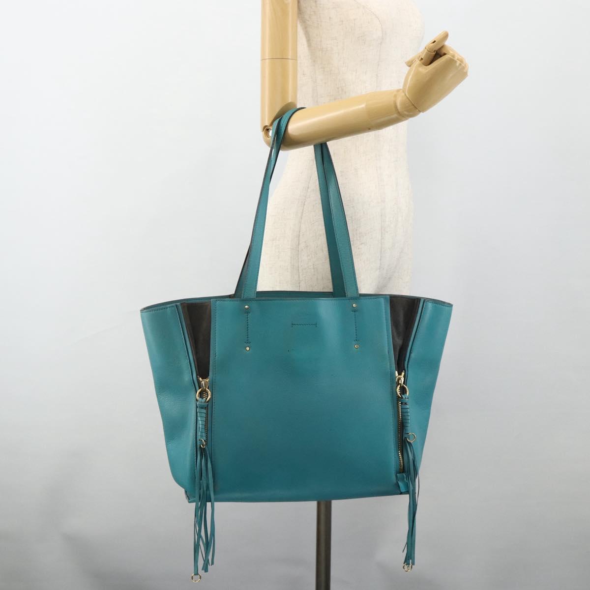Chloe Tote Bag Leather Turquoise Blue Gold Auth bs34667