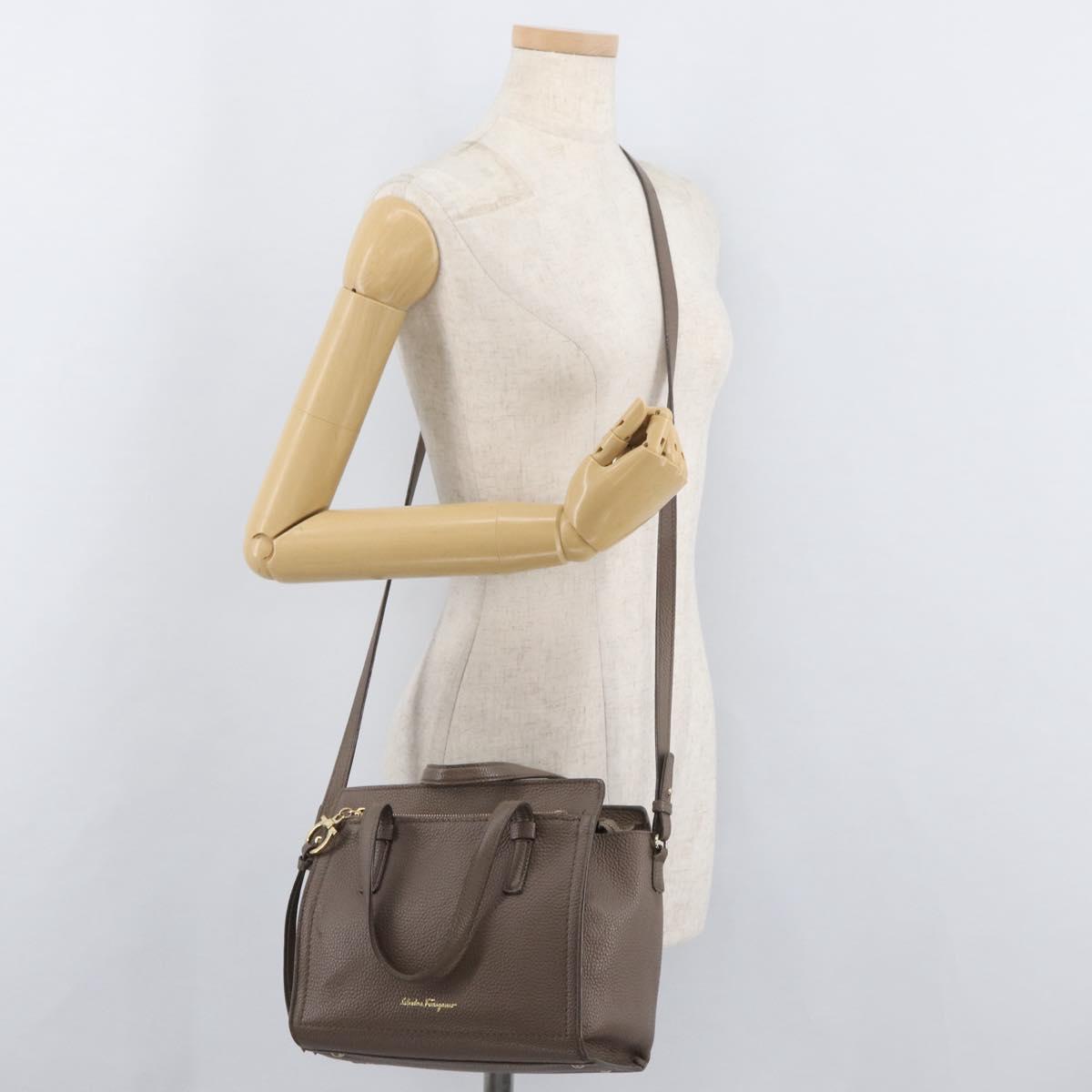 Salvatore Ferragamo Gancini Hand Bag Leather 2way Brown Gold Auth bs34669
