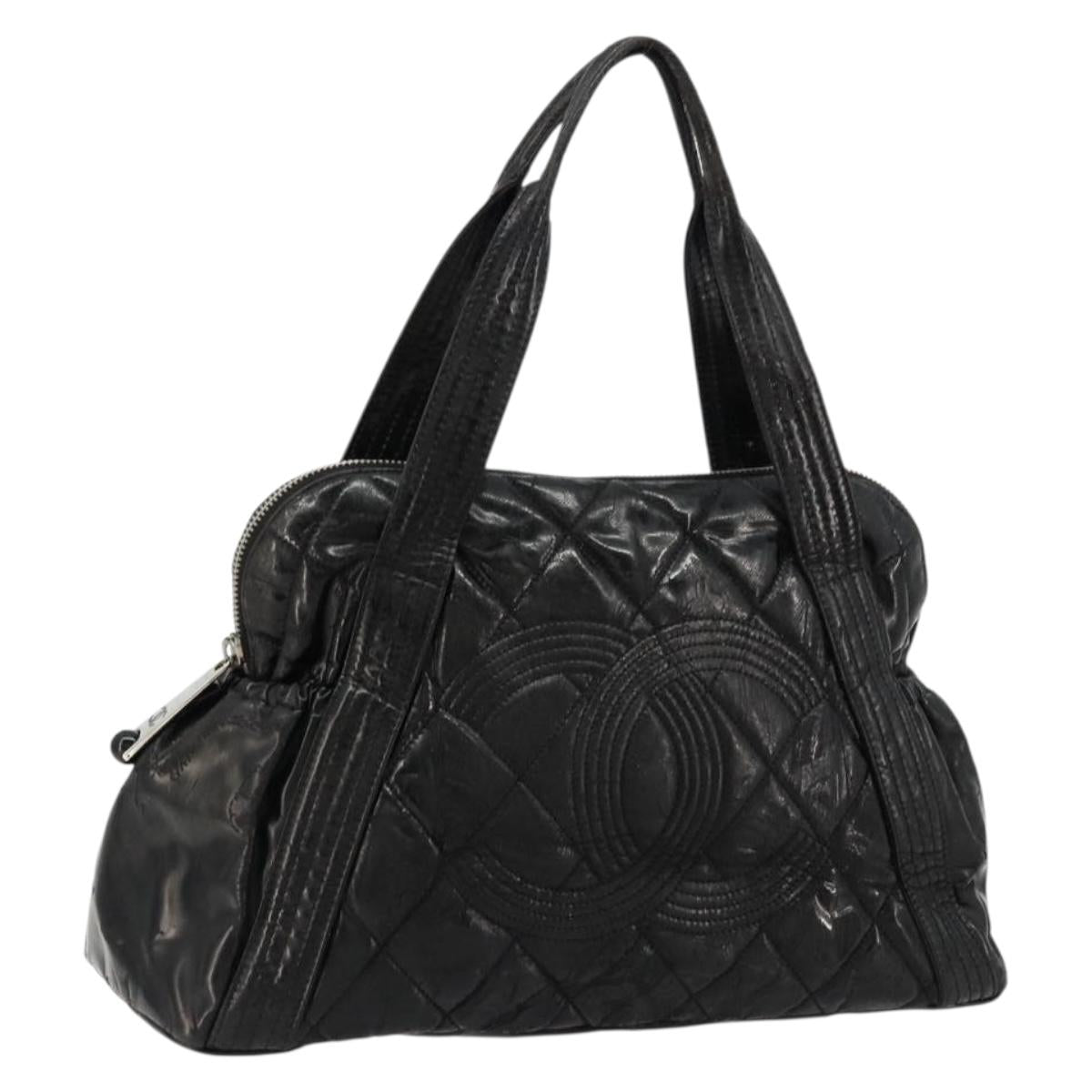 CHANEL Matelasse Hand Bag Patent leather Black Silver CC Auth bs34670