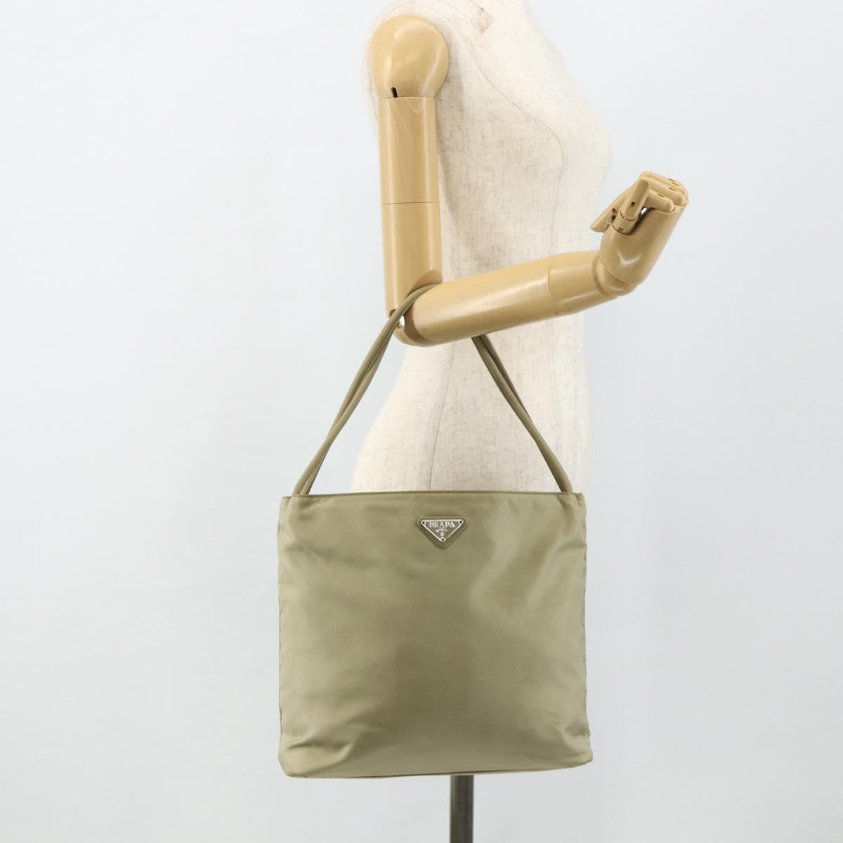 PRADA Hand Bag Nylon Beige Silver Auth bs34678
