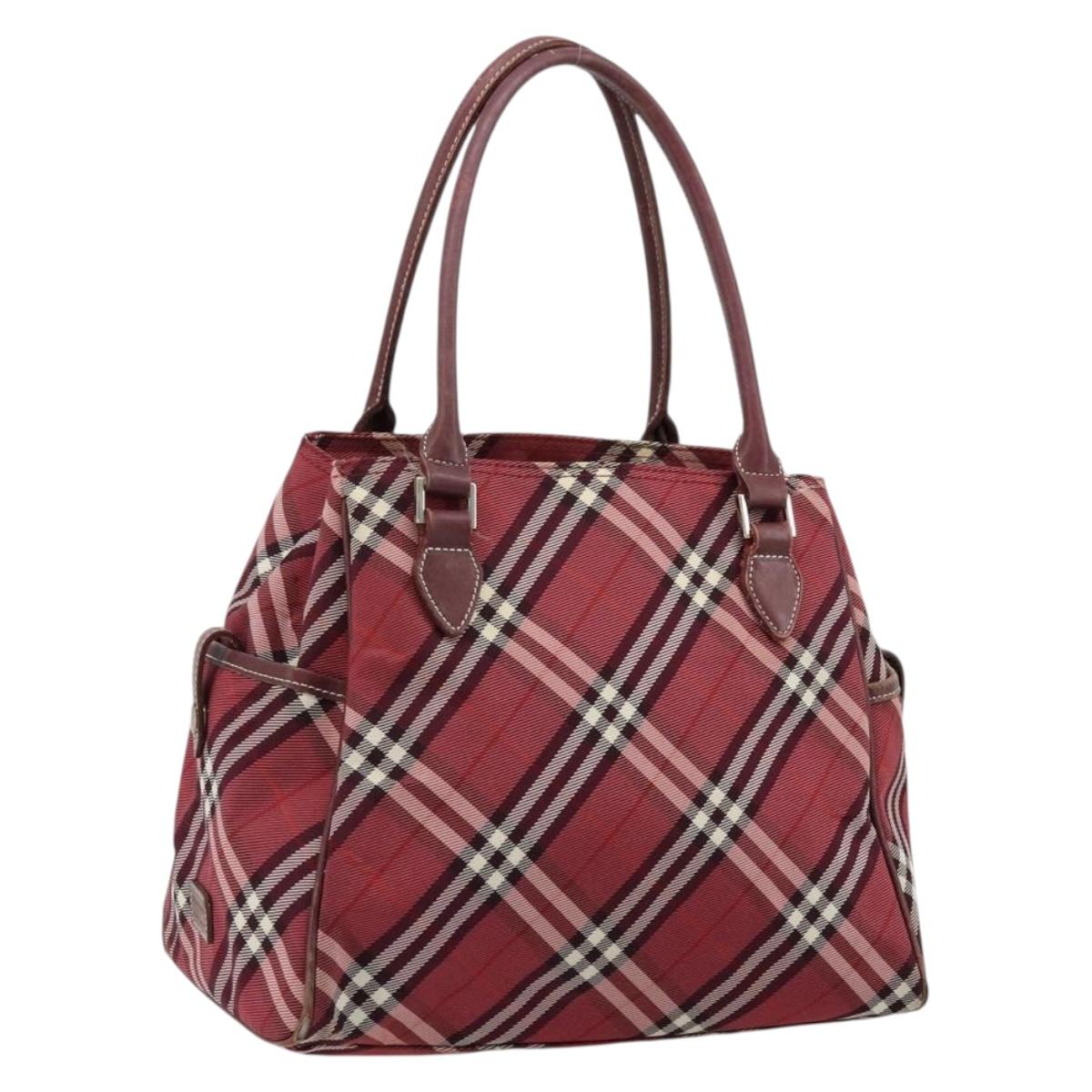BURBERRY Nova Check Blue Label Hand Bag Nylon Red Silver Auth bs34679