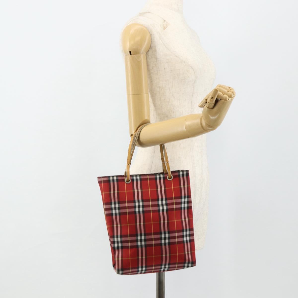 BURBERRY Nova Check Hand Bag Nylon Red Silver Auth bs34680