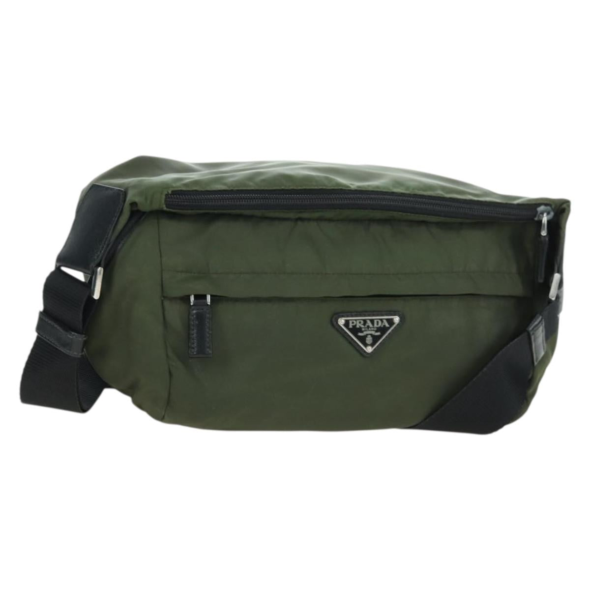 PRADA Shoulder Bag Nylon Khaki Silver Auth bs34686