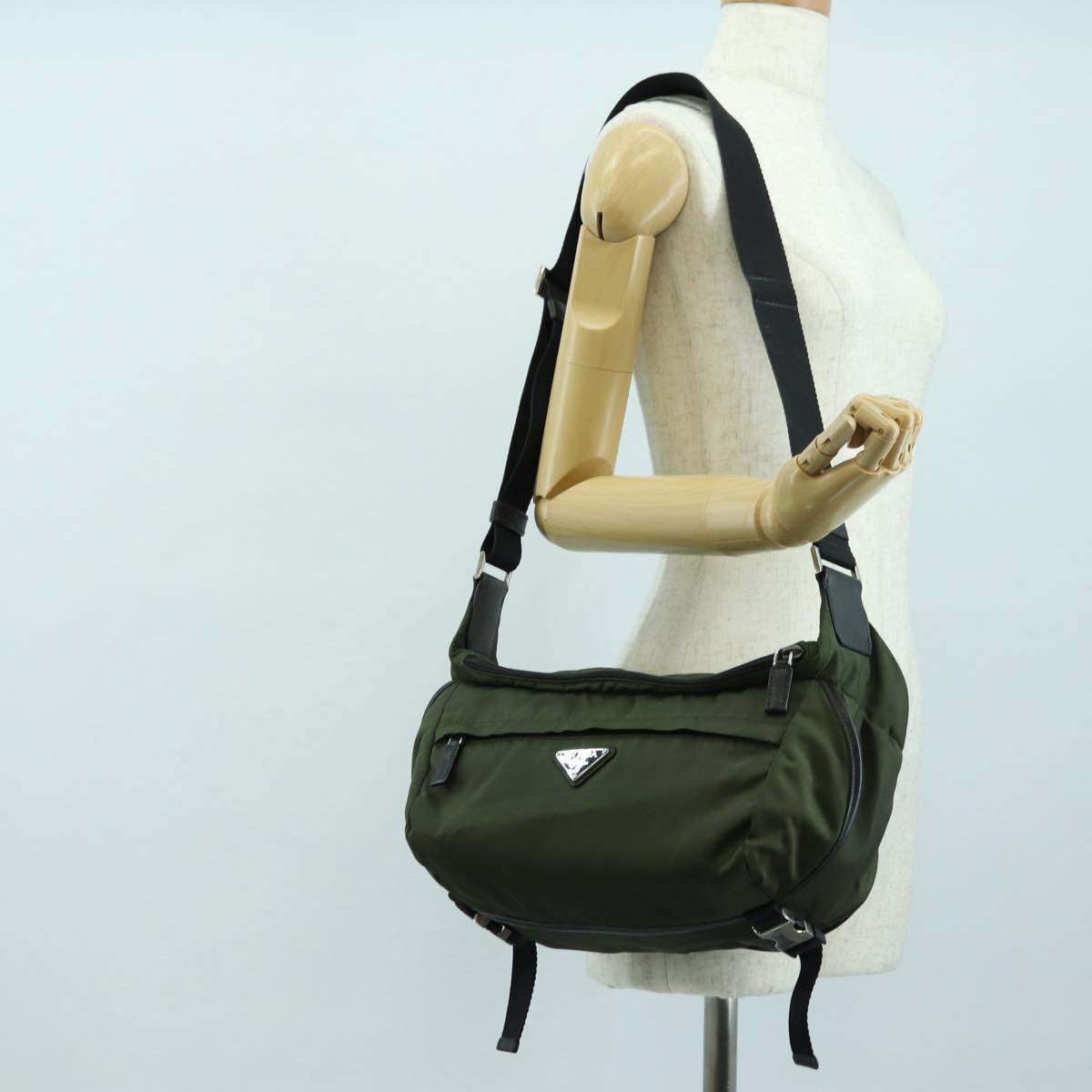 PRADA Shoulder Bag Nylon Khaki Silver Auth bs34686