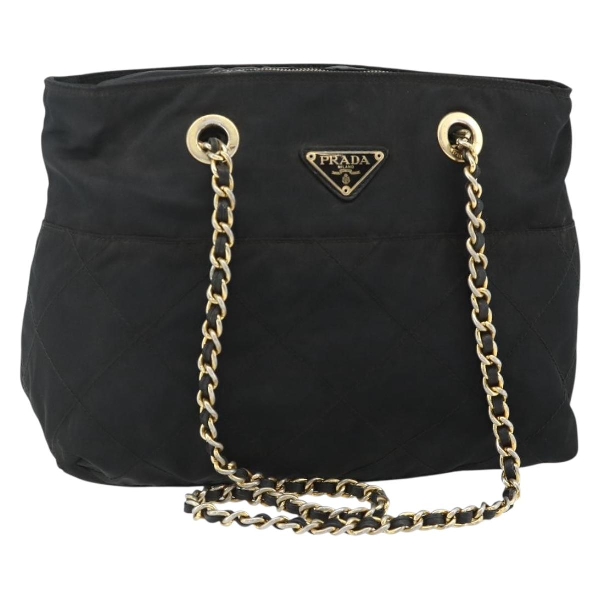 PRADA Chain Tote Bag Nylon Black Gold Auth bs34690