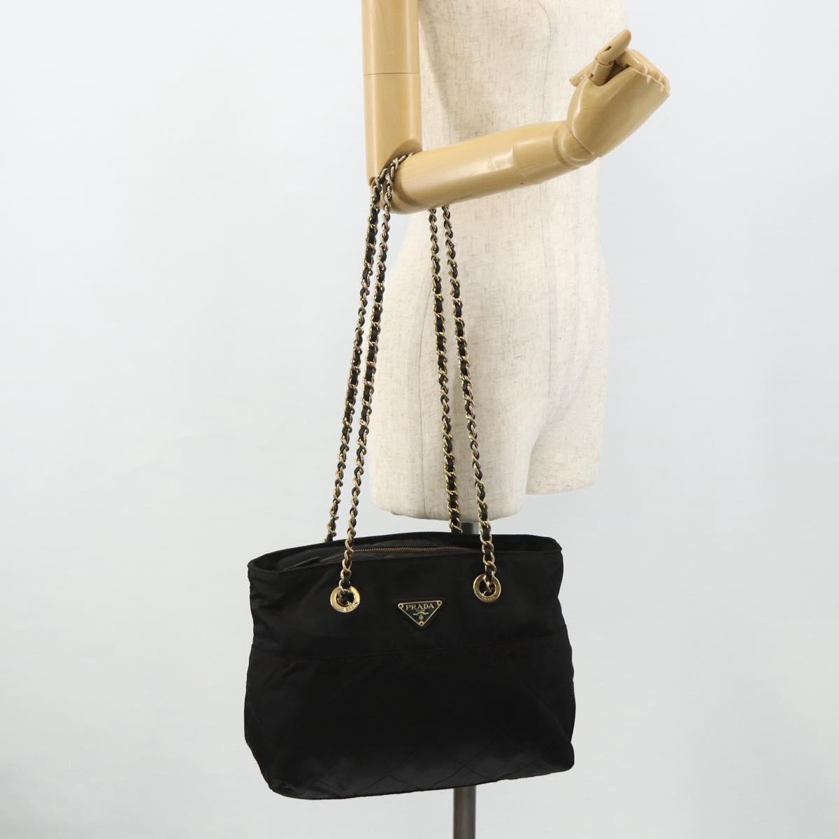 PRADA Chain Tote Bag Nylon Black Gold Auth bs34690