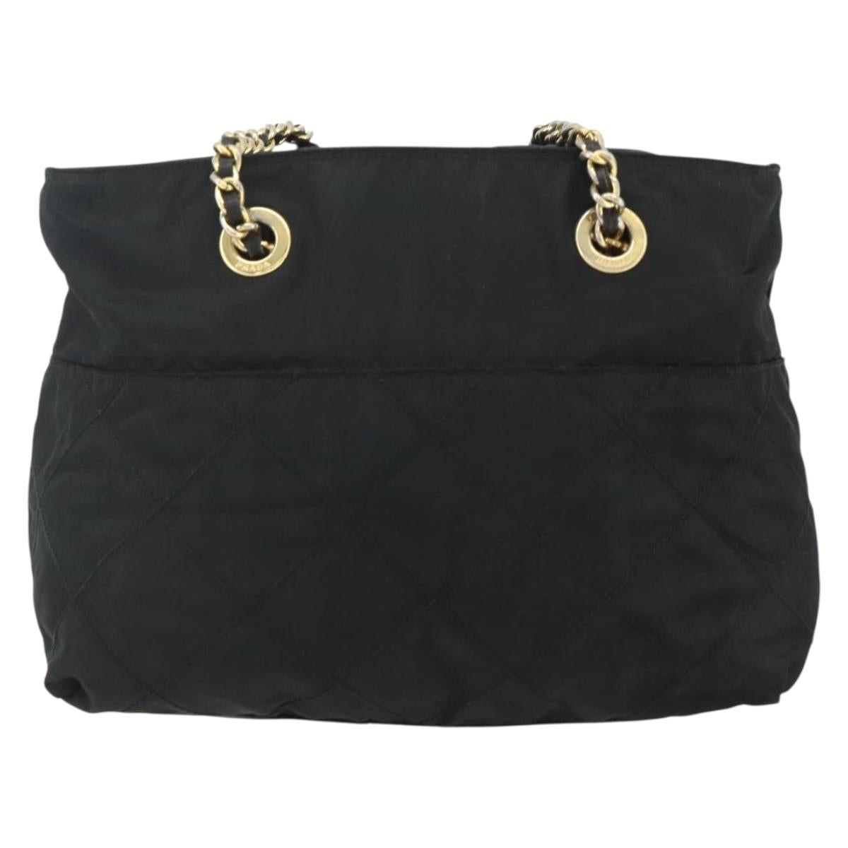PRADA Chain Tote Bag Nylon Black Gold Auth bs34690