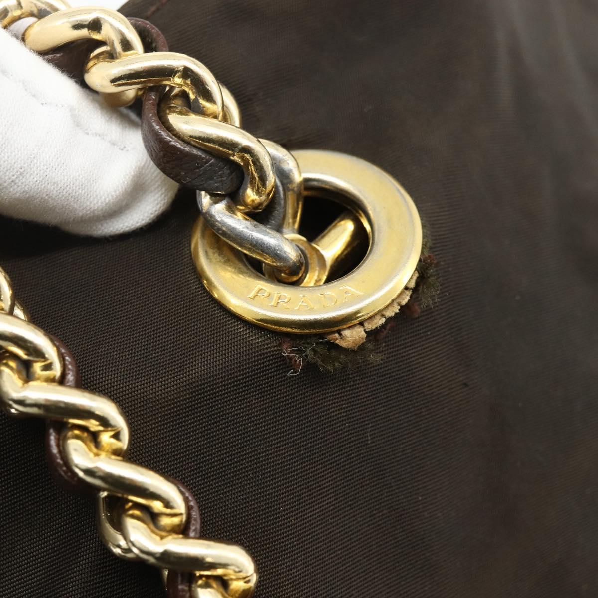 PRADA Chain Tote Bag Nylon Brown Gold Auth bs34691