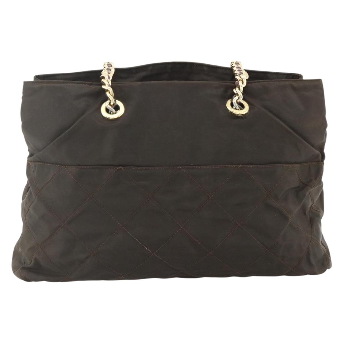 PRADA Chain Tote Bag Nylon Brown Gold Auth bs34691