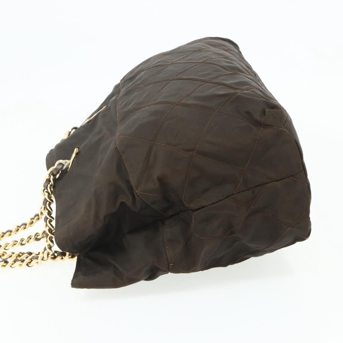 PRADA Chain Tote Bag Nylon Brown Gold Auth bs34691