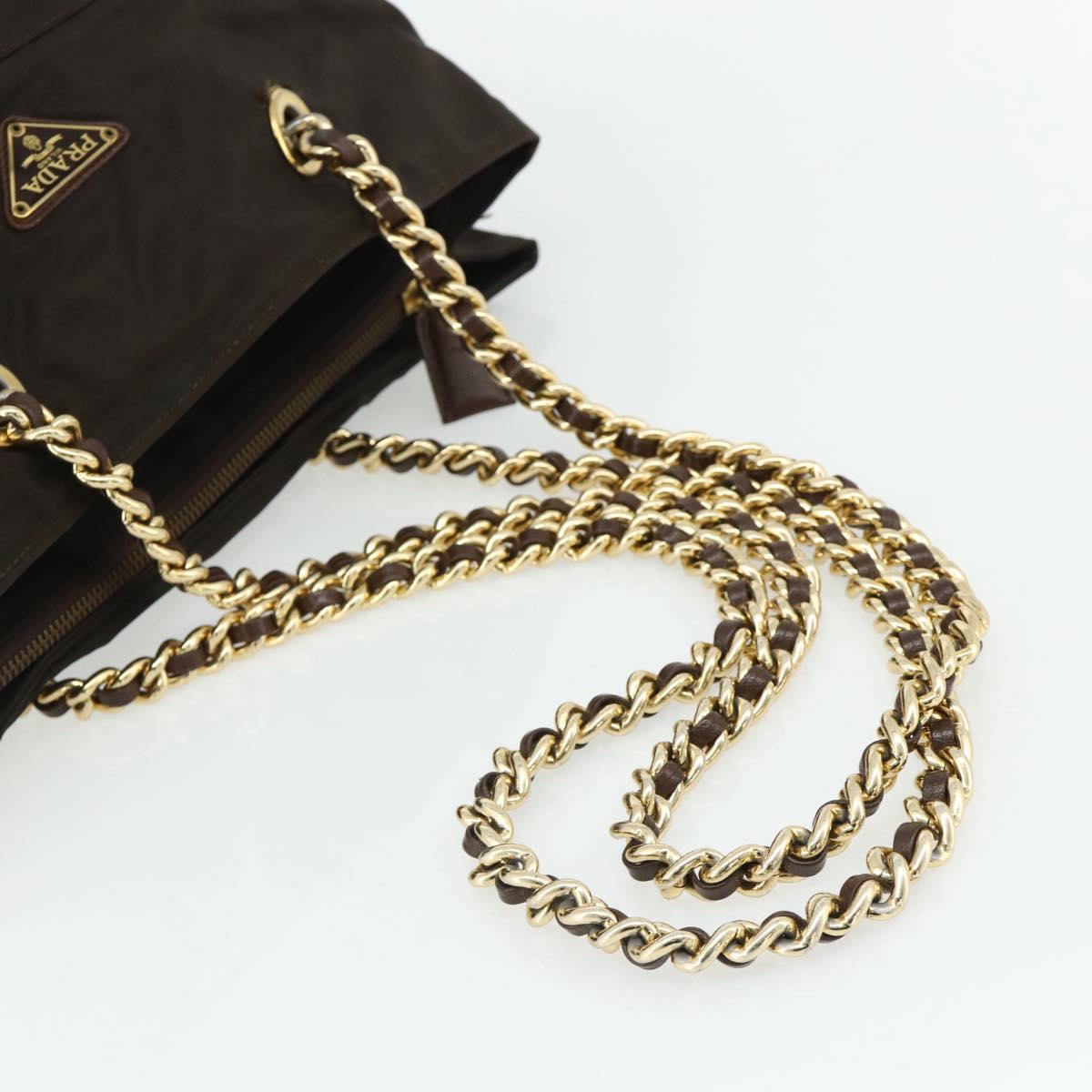 PRADA Chain Tote Bag Nylon Brown Gold Auth bs34691