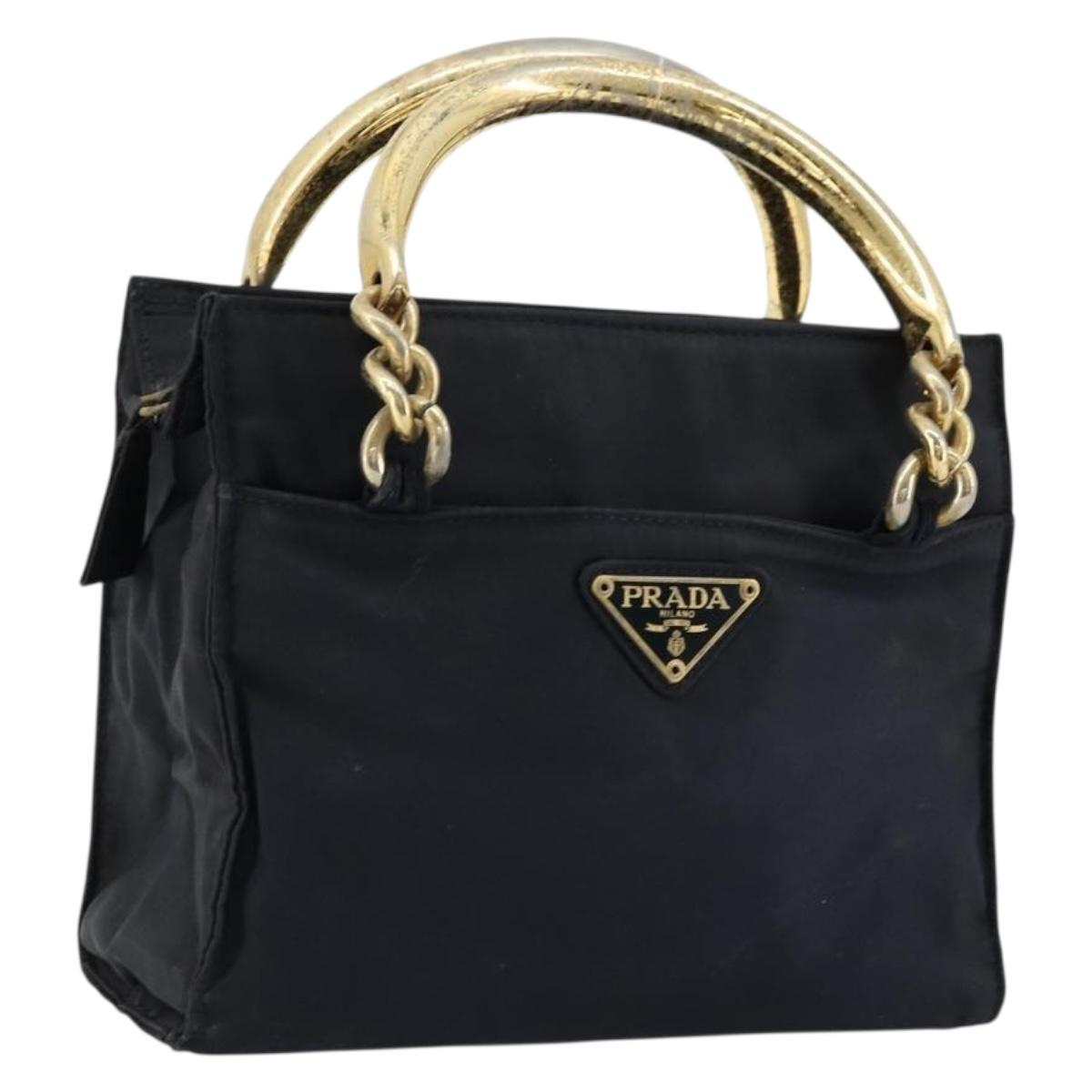 PRADA Chain Hand Bag Nylon Navy Gold Auth bs34692