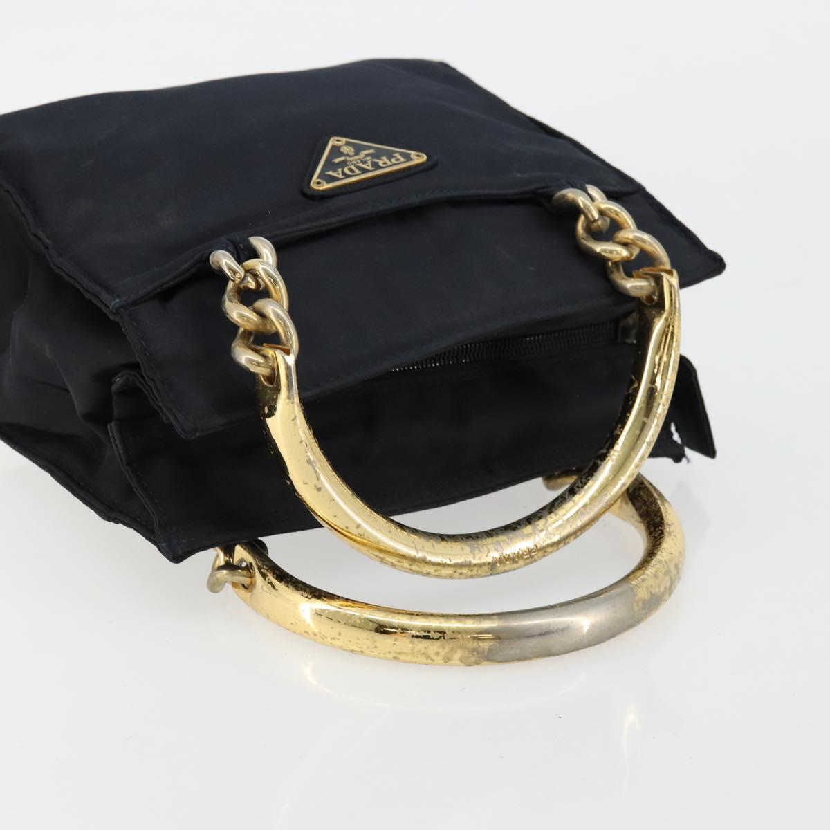 PRADA Chain Hand Bag Nylon Navy Gold Auth bs34692