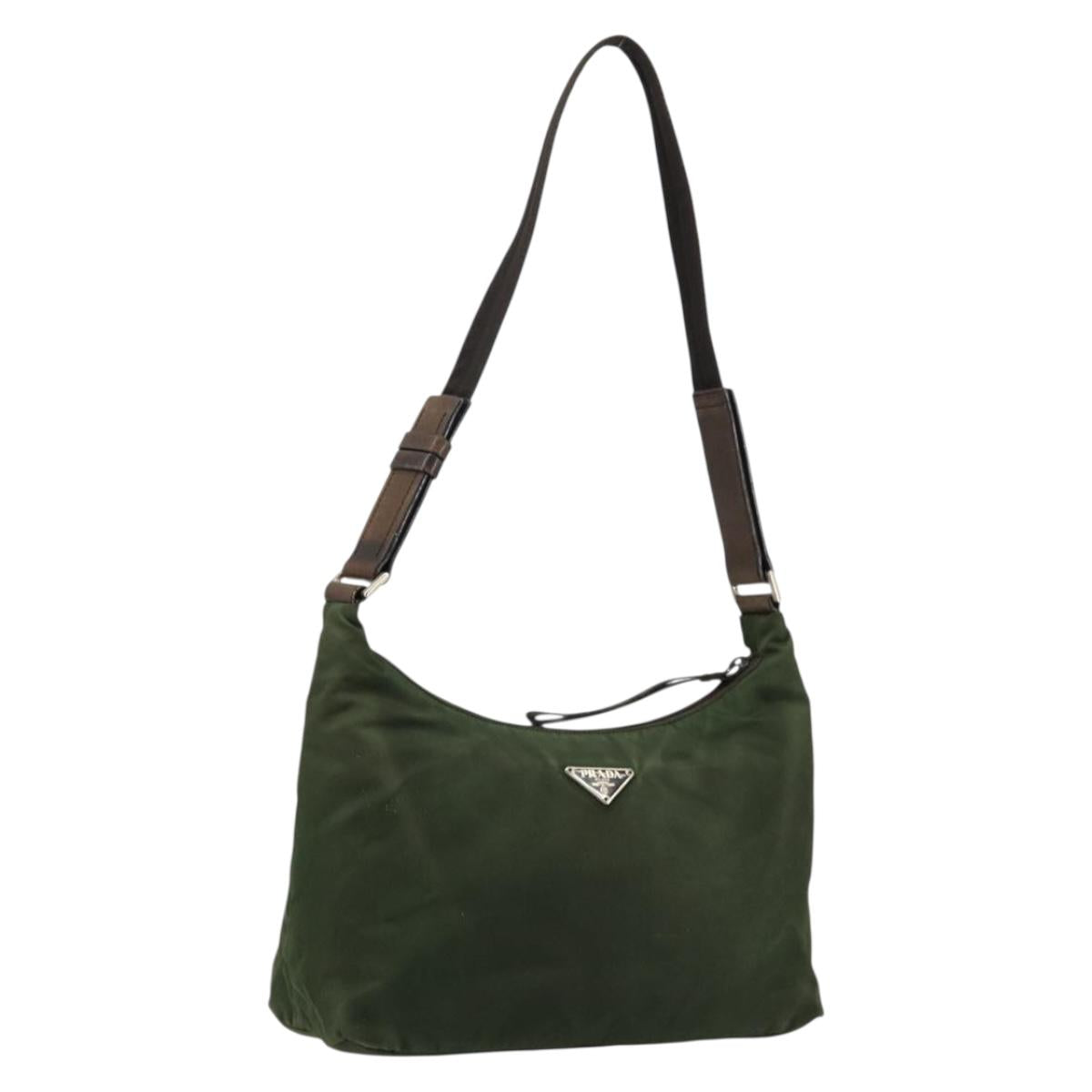PRADA Shoulder Bag Nylon Khaki Silver Auth bs34740