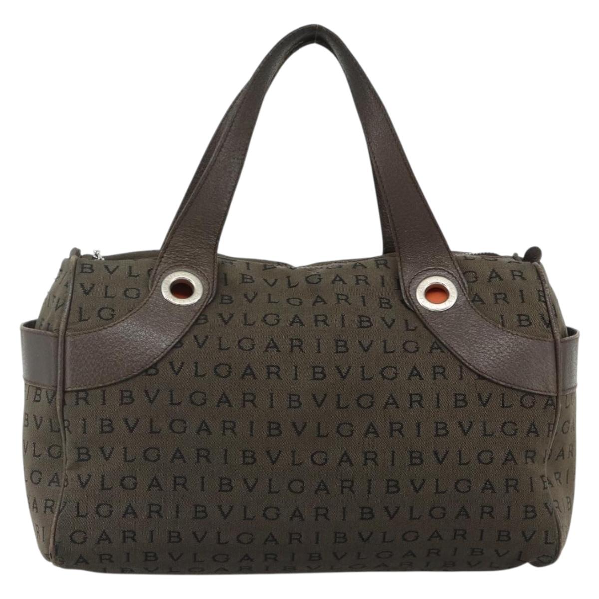 BVLGARI Logo Mania Hand Bag Canvas Brown Silver Auth bs34748