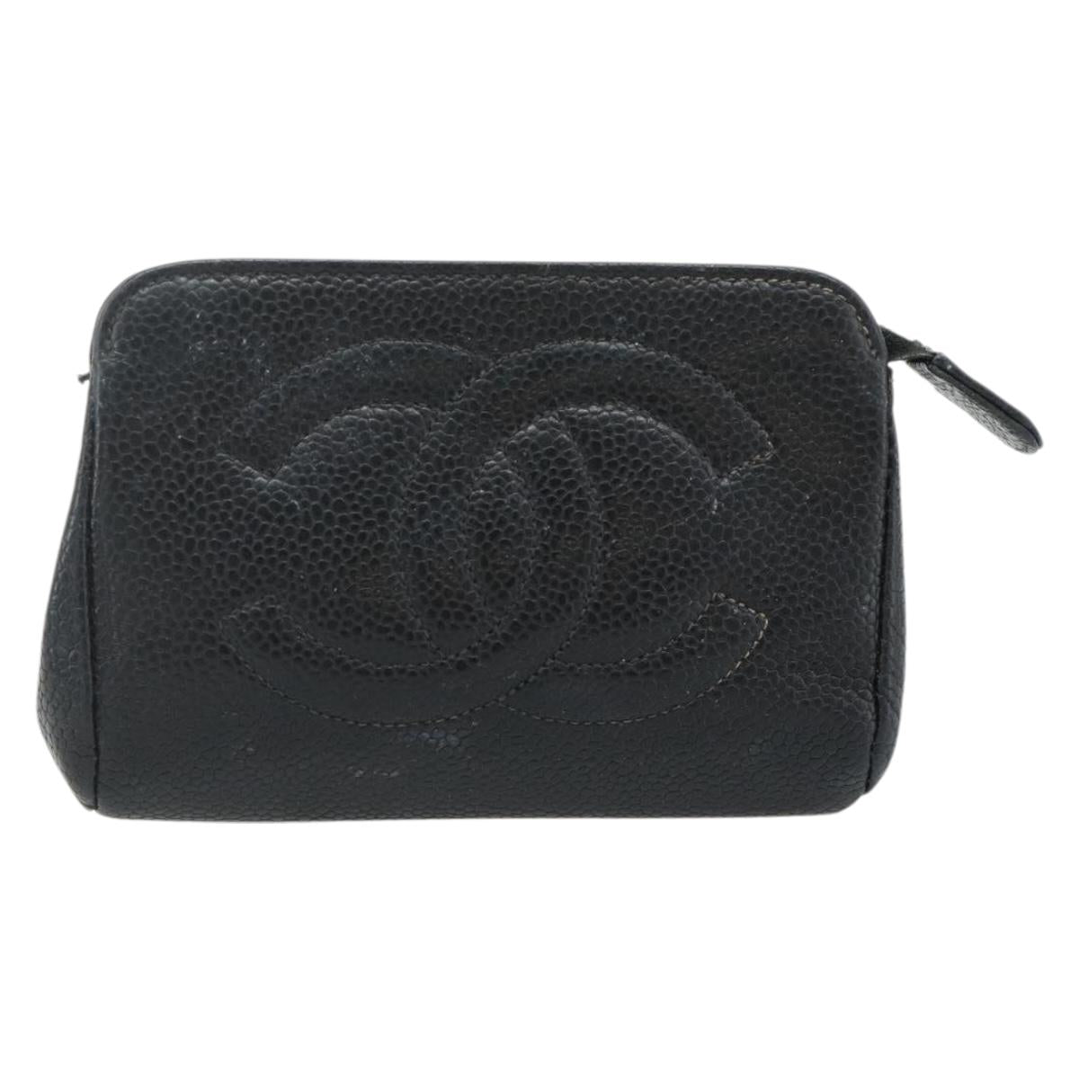 CHANEL Coin Purse Caviar Skin Black Gold CC Auth bs34754