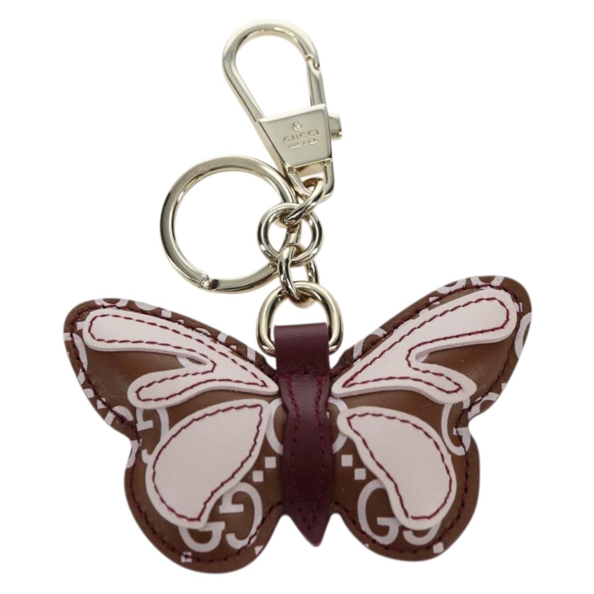 GUCCI GG Embossed Leather Butterfly Bag Charm Brown Gold Auth bs34756M