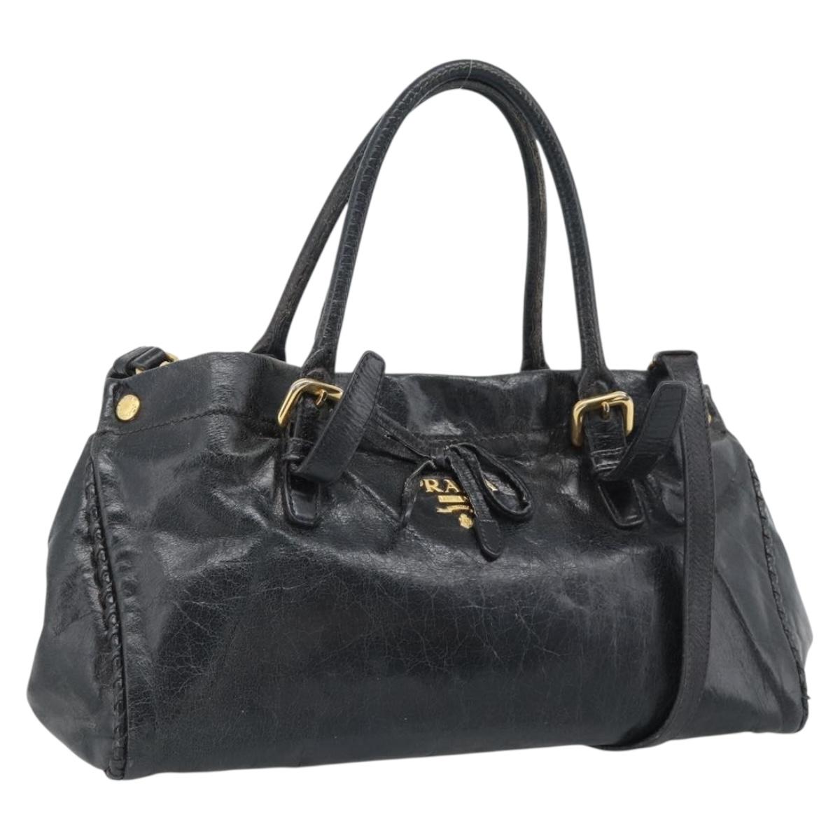 PRADA Hand Bag Leather 2way Black Gold Auth bs34775