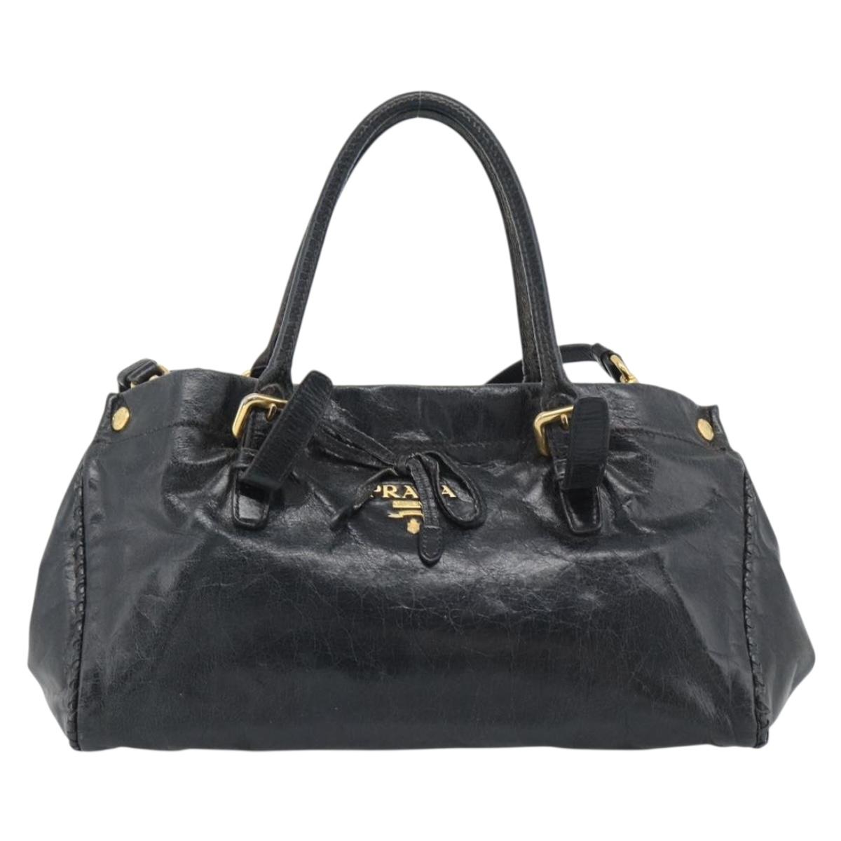 PRADA Hand Bag Leather 2way Black Gold Auth bs34775