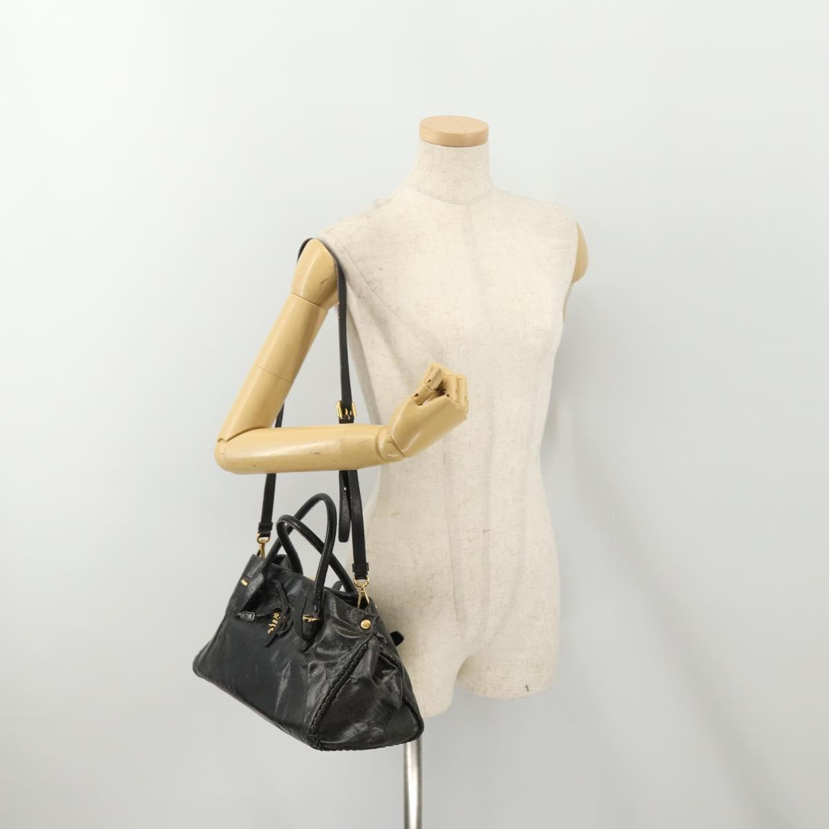 PRADA Hand Bag Leather 2way Black Gold Auth bs34775