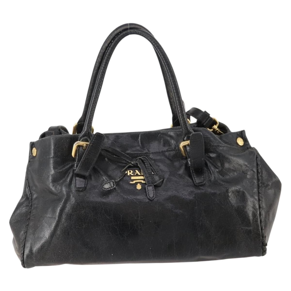 PRADA Hand Bag Leather 2way Black Gold Auth bs34775