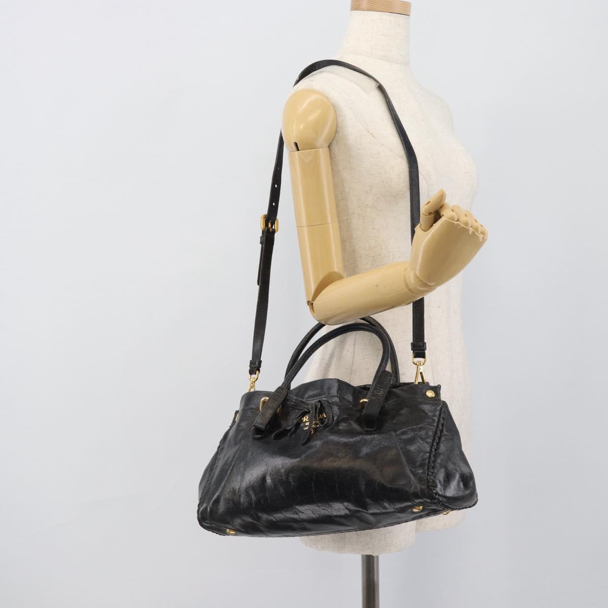 PRADA Hand Bag Leather 2way Black Gold Auth bs34775