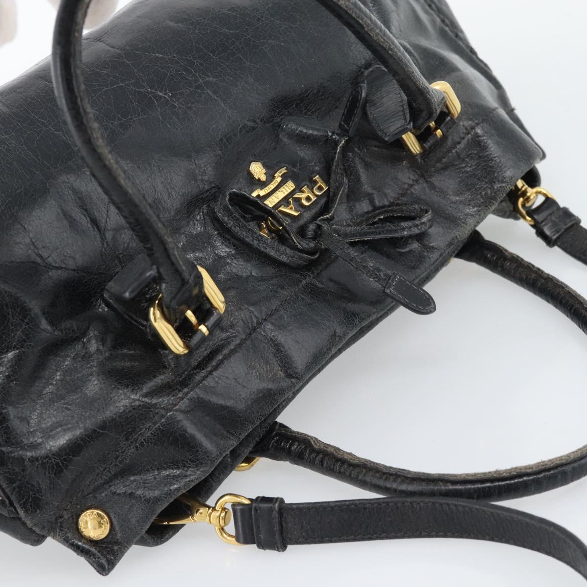 PRADA Hand Bag Leather 2way Black Gold Auth bs34775