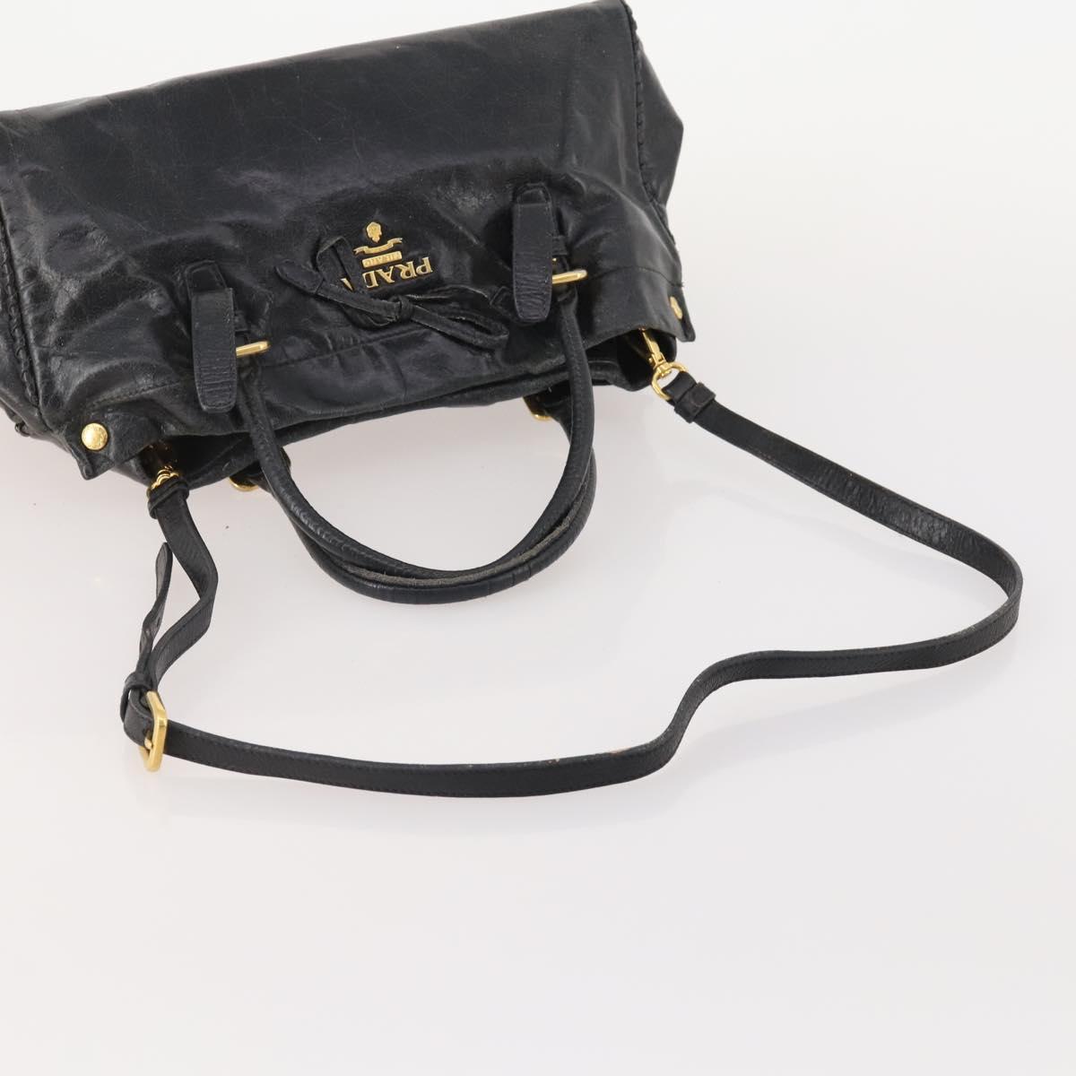 PRADA Hand Bag Leather 2way Black Gold Auth bs34775