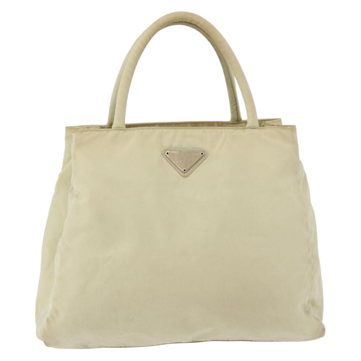 PRADA Hand Bag Nylon Beige Silver Auth bs34795