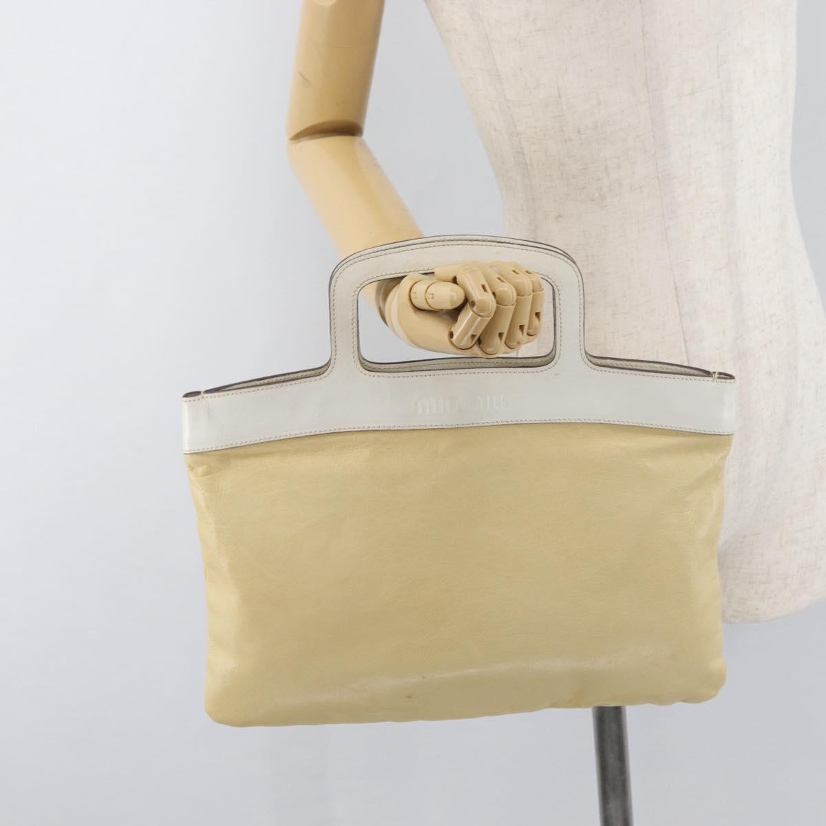 Miu Miu Hand Bag Leather Beige Silver Auth bs34801