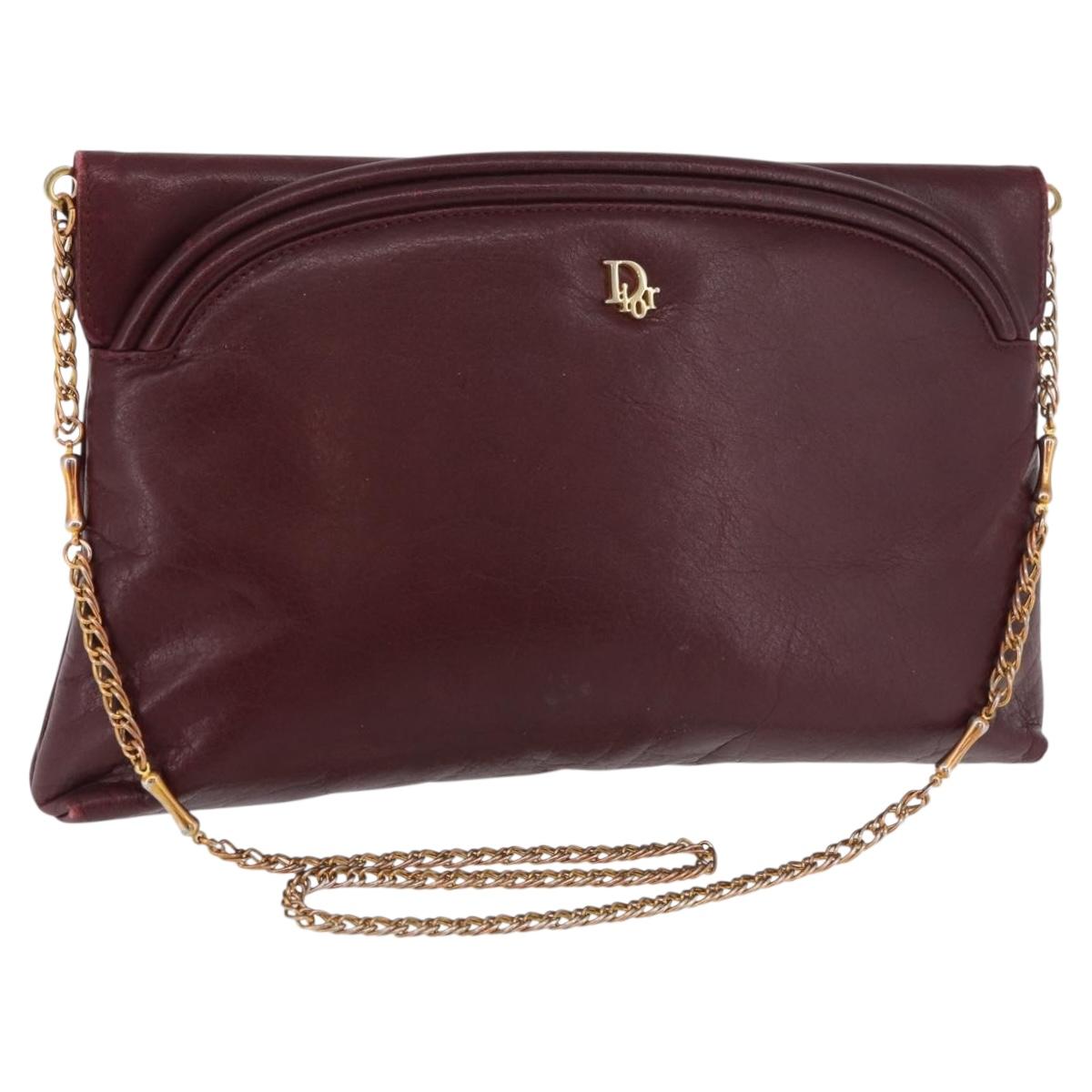 Christian Dior Chain Shoulder Bag Leather Bordeaux Gold Auth bs34808