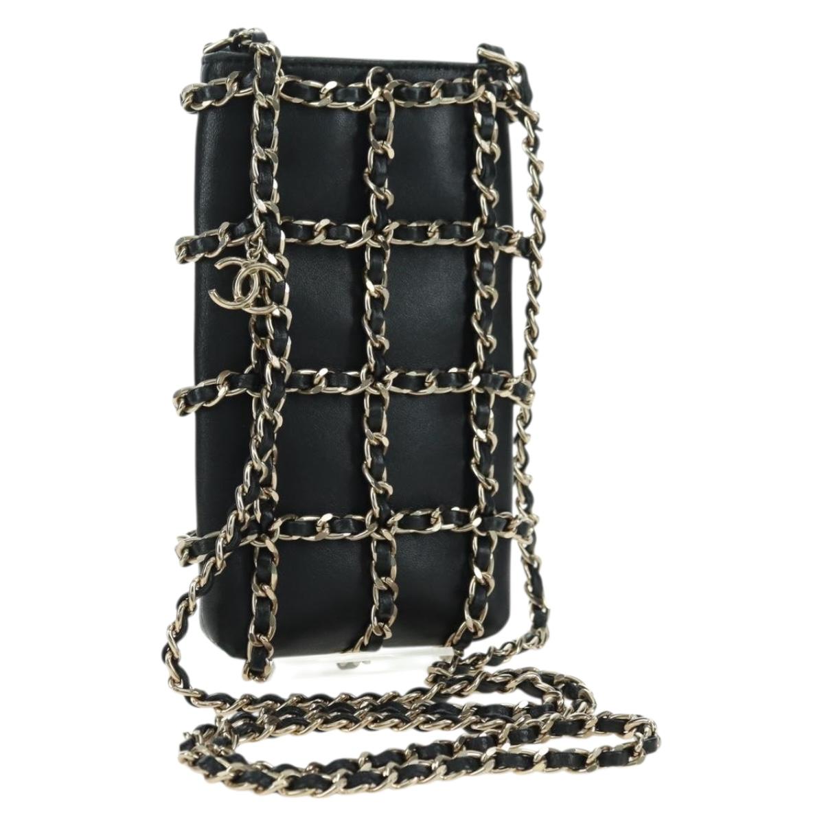 CHANEL Chain Shoulder Pouch Leather Black Gold CC Auth bs34809V