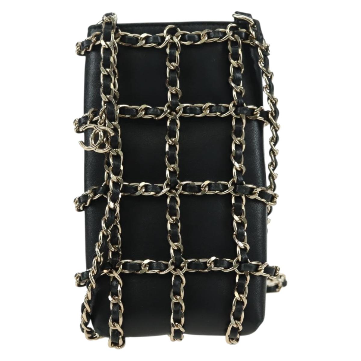 CHANEL Chain Shoulder Pouch Leather Black Gold CC Auth bs34809V