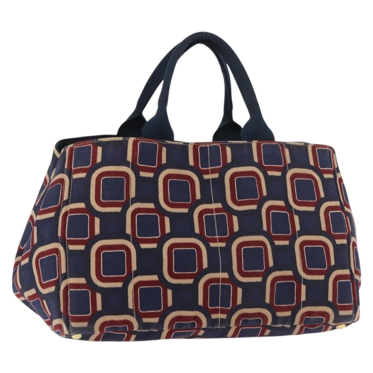 PRADA Canapa L Hand Bag Canvas Navy Gold Auth bs34839A