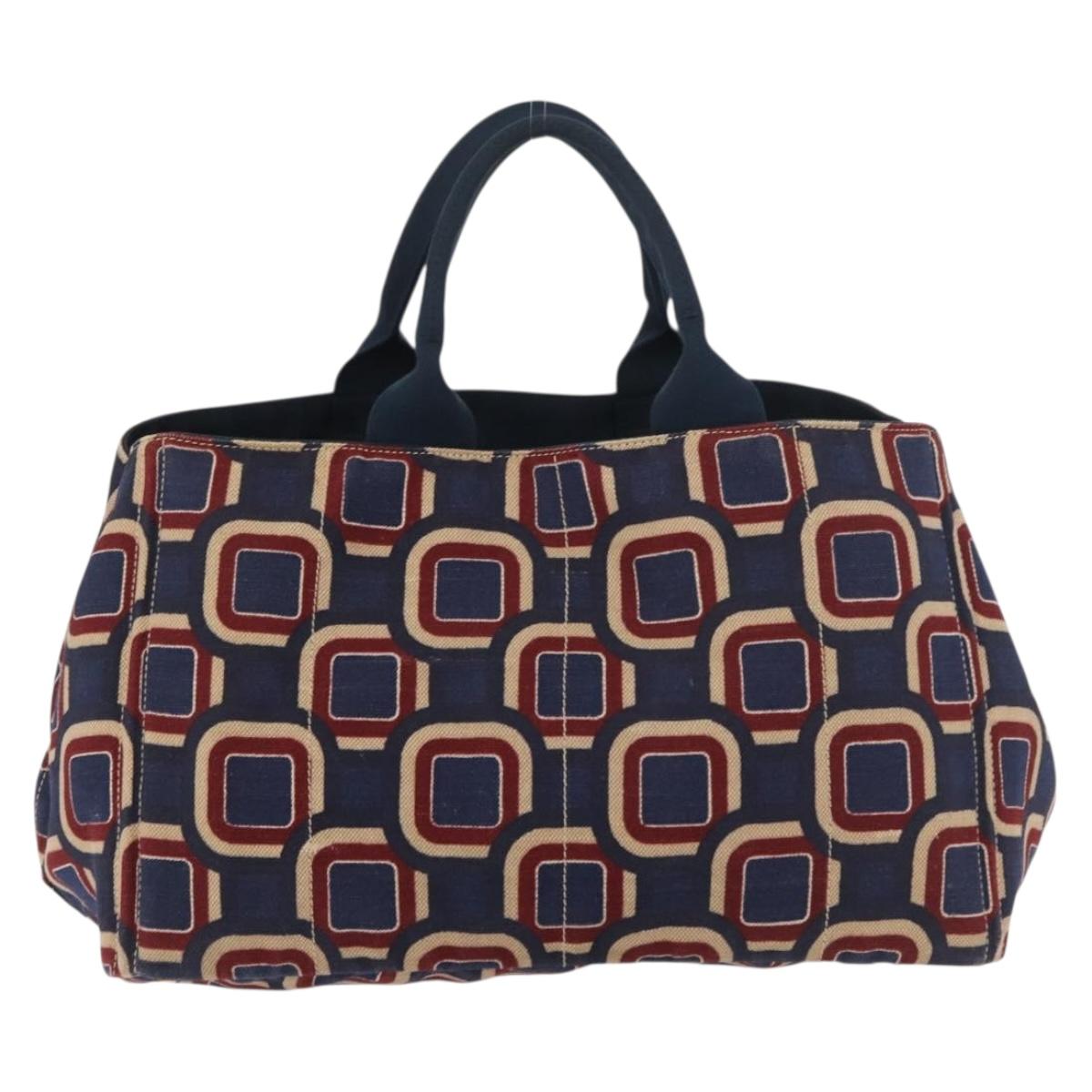 PRADA Canapa L Hand Bag Canvas Navy Gold Auth bs34839A