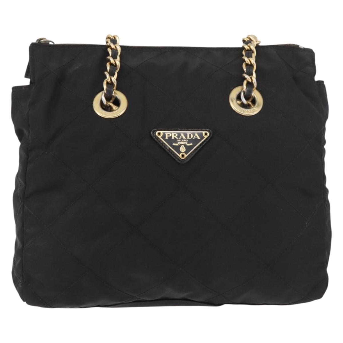 PRADA Chain Shoulder Bag Nylon Black Gold Auth bs34842