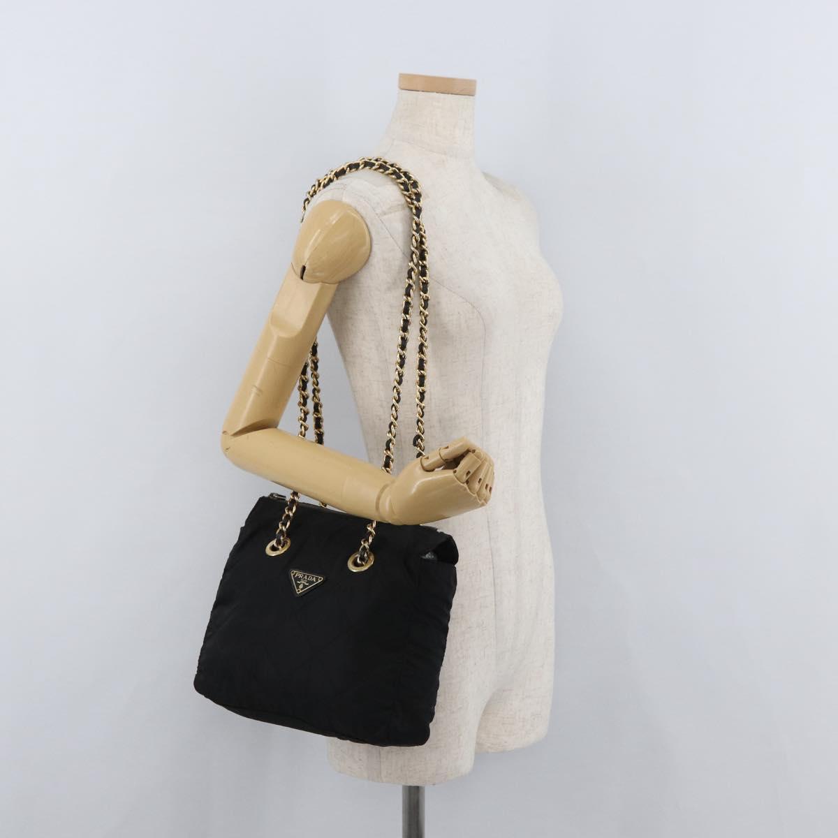 PRADA Chain Shoulder Bag Nylon Black Gold Auth bs34842