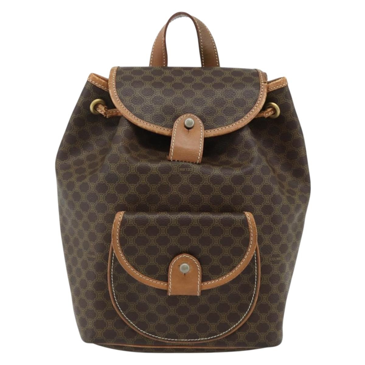 CELINE Macadam Canvas Backpack PVC Leather Brown Gold Auth bs34855