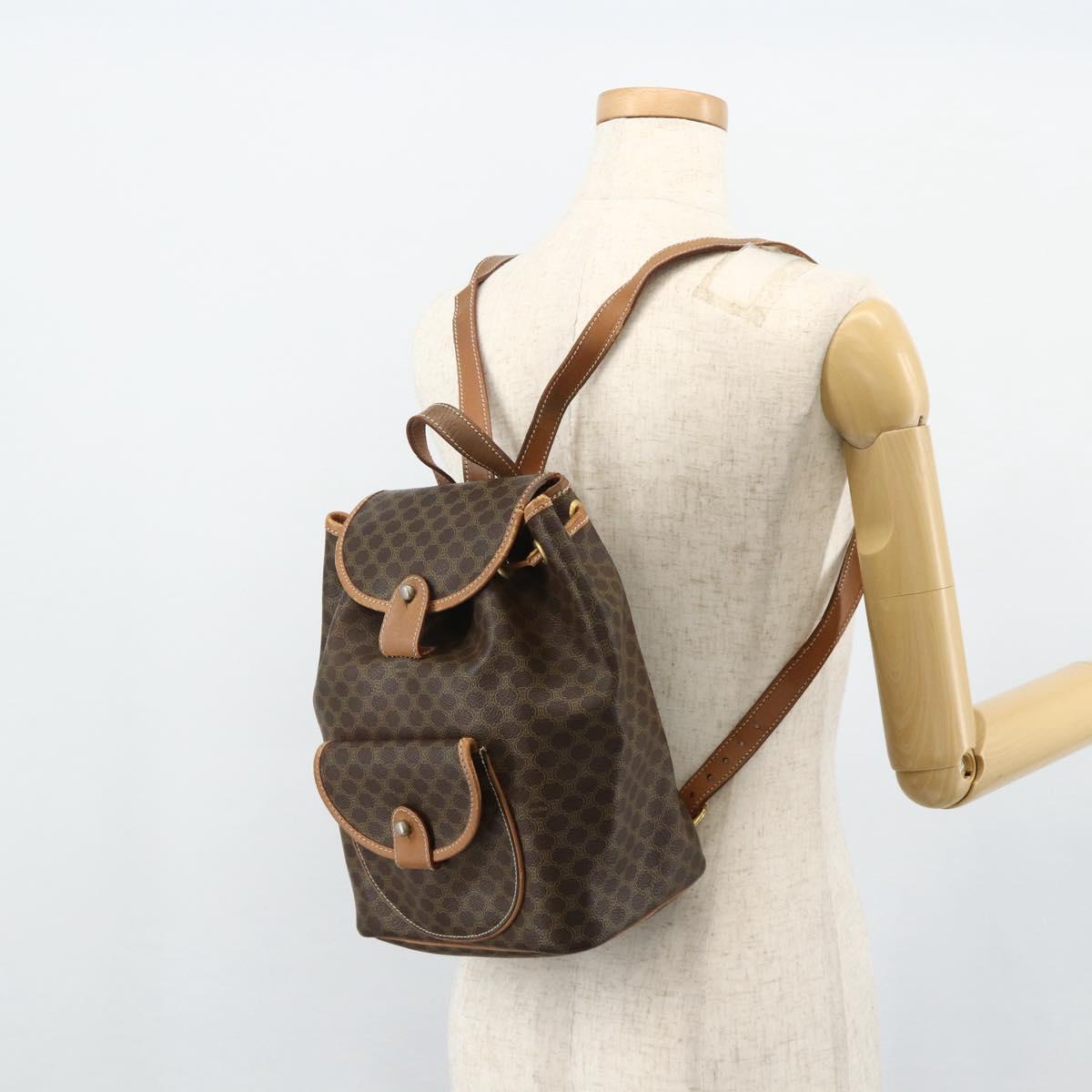 CELINE Macadam Canvas Backpack PVC Leather Brown Gold Auth bs34855