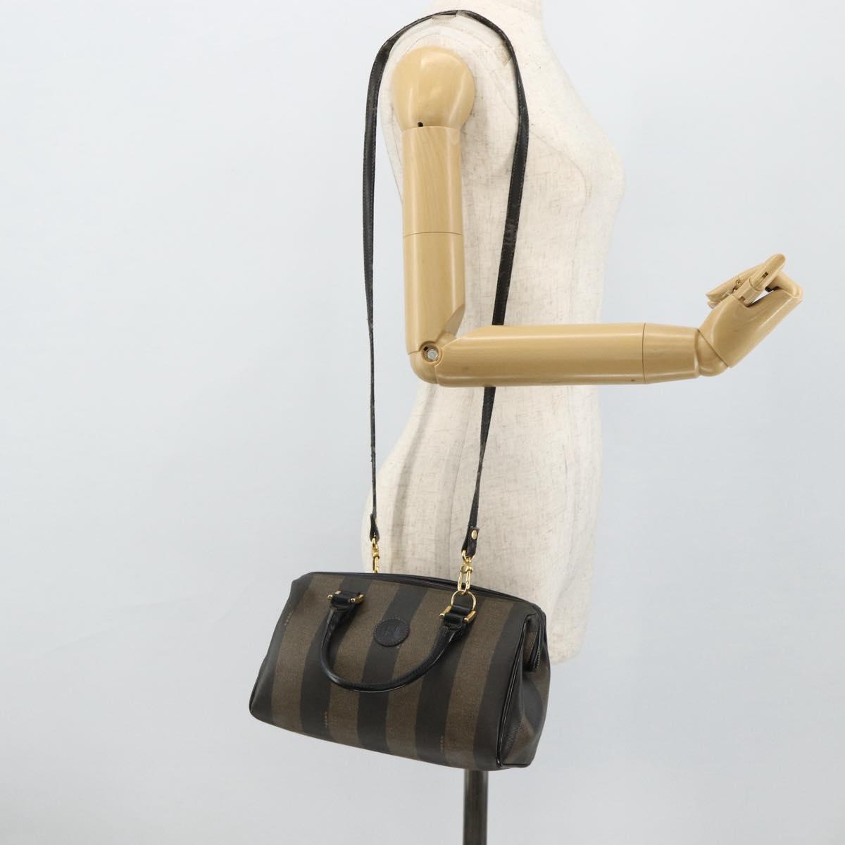 FENDI Pecan Canvas Mini Boston Bag PVC Black Brown Auth bs34863