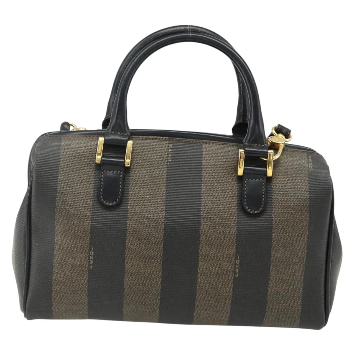 FENDI Pecan Canvas Mini Boston Bag PVC Black Brown Auth bs34863
