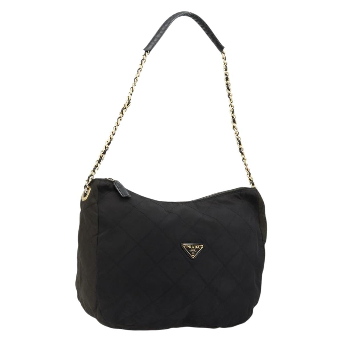PRADA Chain Shoulder Bag Nylon Black Gold Auth bs34879A